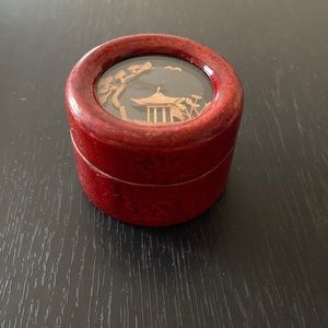 Chinese village trinket box with cork art Asian lacquered wooden box.